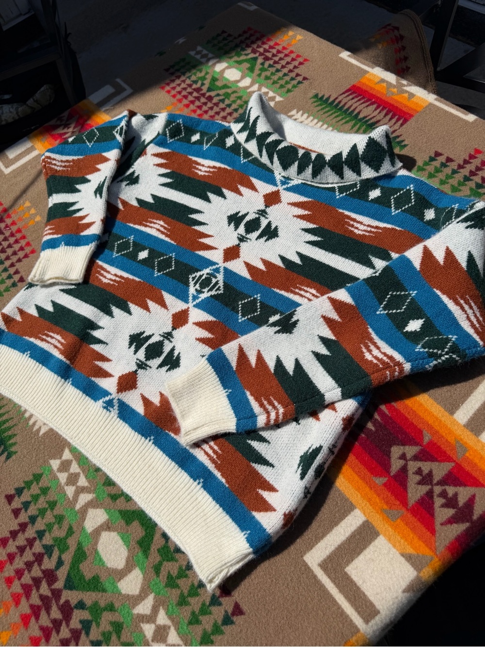 Women’s Wool Geometric Pattern Knit Sweater - Cream, Teal & Brown